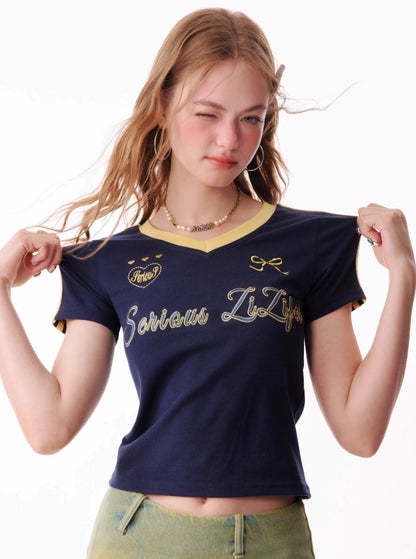 Retro Letter Embroidery V-Neck Top