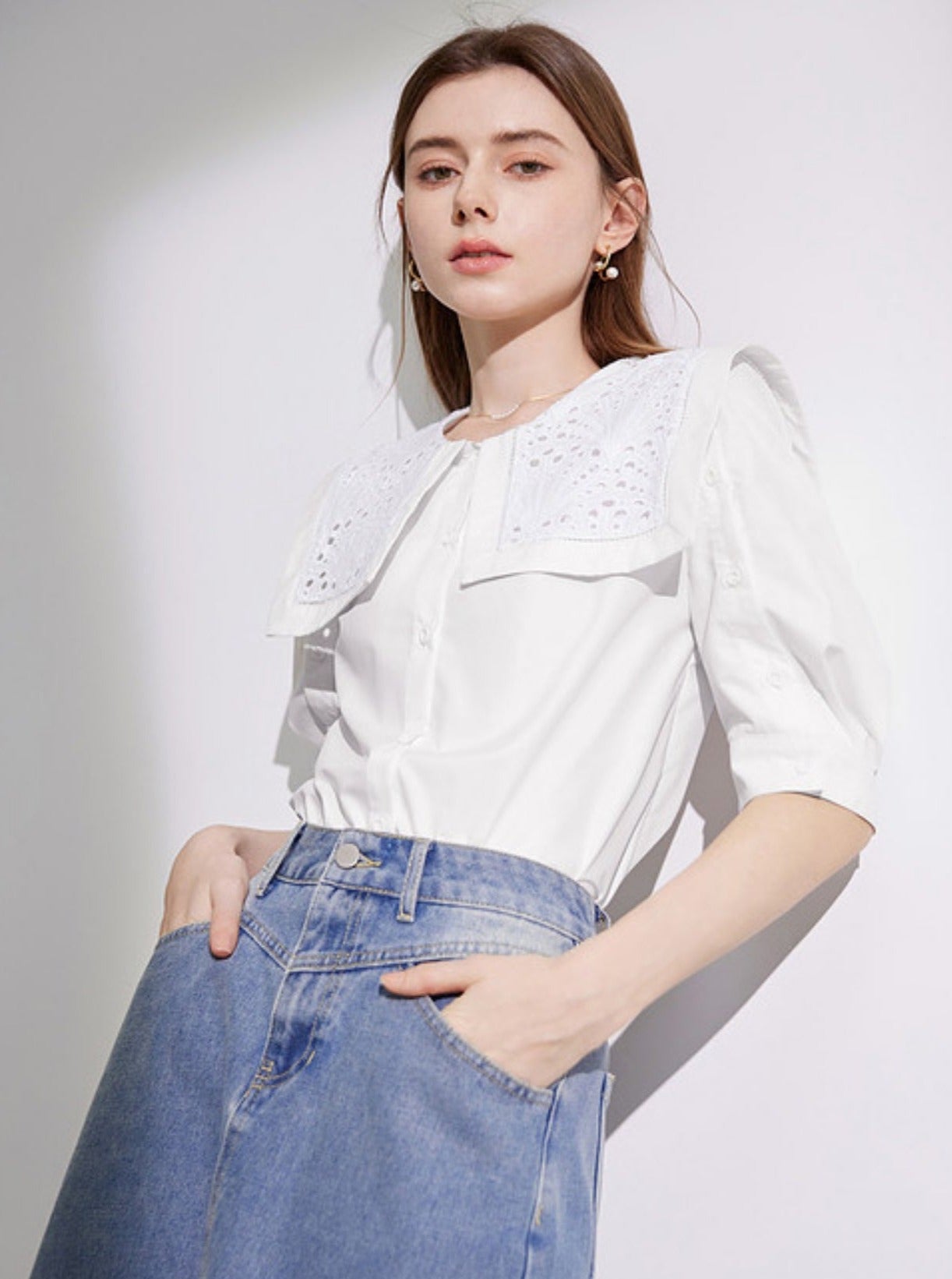 White Embroidery Design Short Shirt
