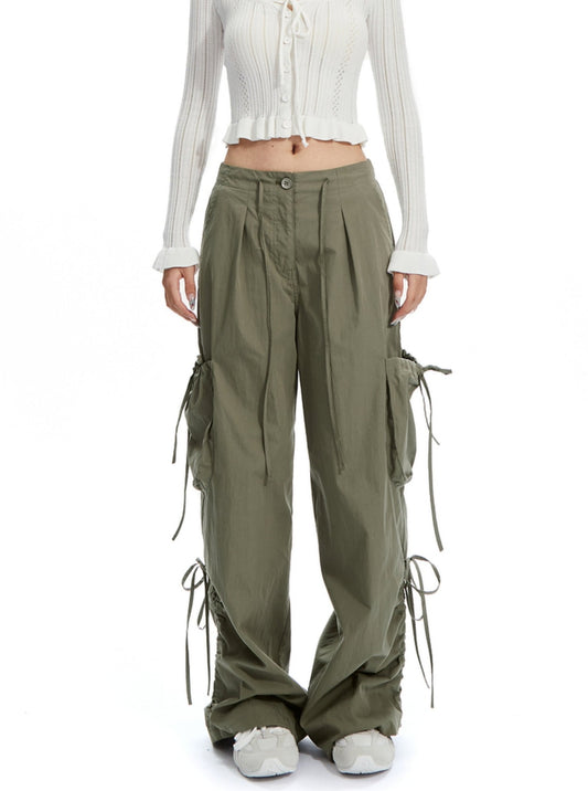 APEAbubble girl low-rise drawstring tie bow wide-leg cargo pants with a pocket design straight leg trousers