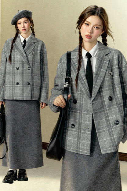 Grey Check Woolen Short Coat