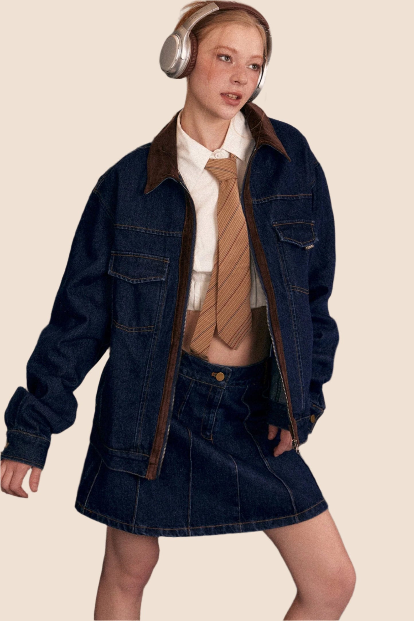 Casual Stitched Denim Jacket And Skirt Set-Up