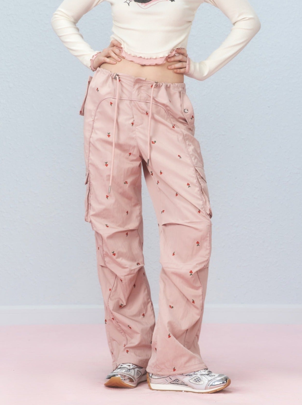 Cherry embroidered cargo pants