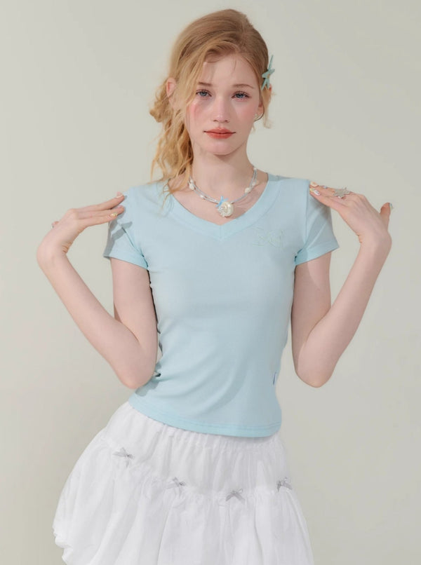 Butterfly Embroidery V-Neck T-Shirt