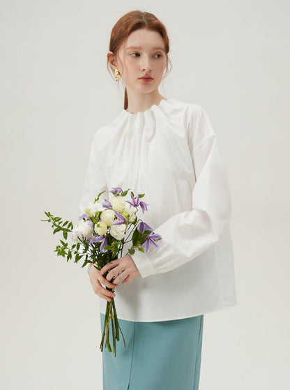 White Cotton Pinch Pleated Stand Collar Shirt