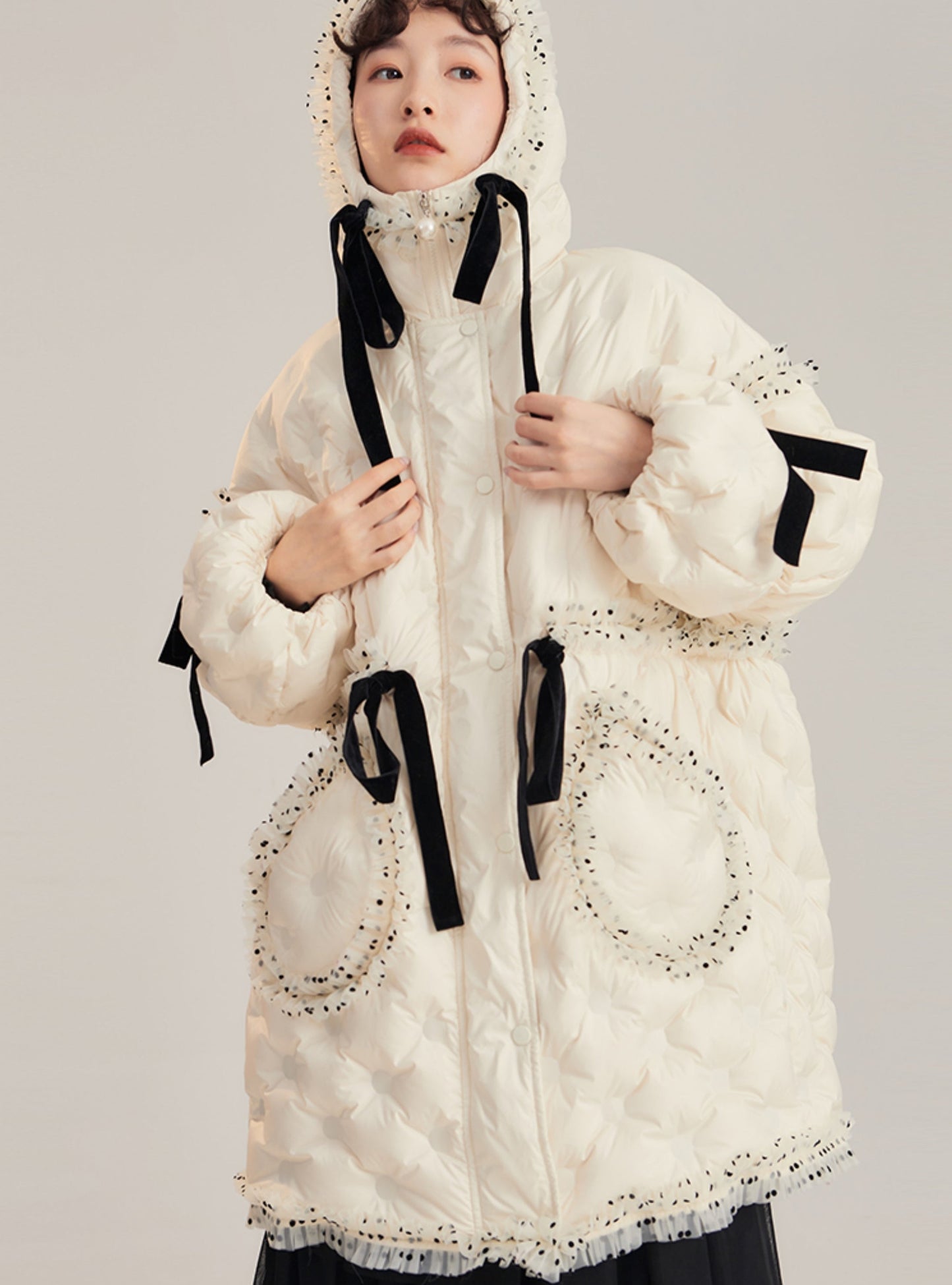 Lace flocking mid-length down jacket