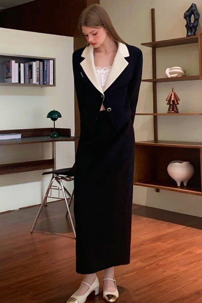 [9.19 20 o'clock new] lily of the valley black wood suit woolen jacket women's autumn and winter long skirt two-piece suit