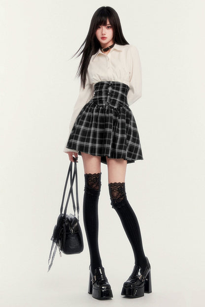 High WAIST HERRINGBONE CHECK STRAP SKIRT