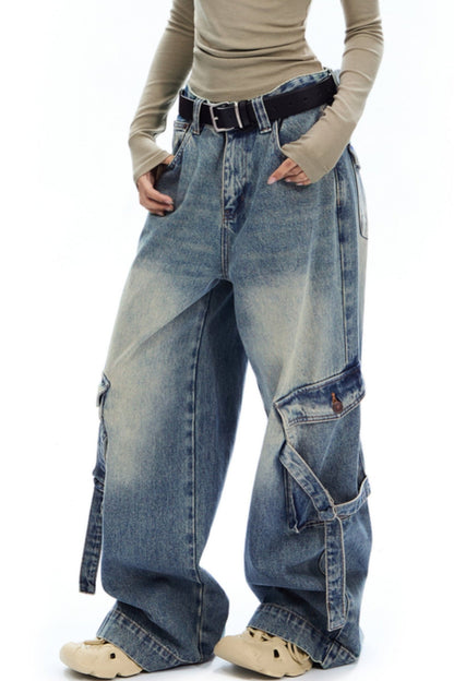 APEA American Retro Wash Distressed Cargo Jeans Women's Fall 2024 New Loose Straight Wide Leg Pants