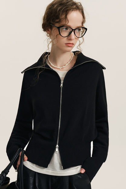 Black Silk-Blend Zip Knit Cardigan