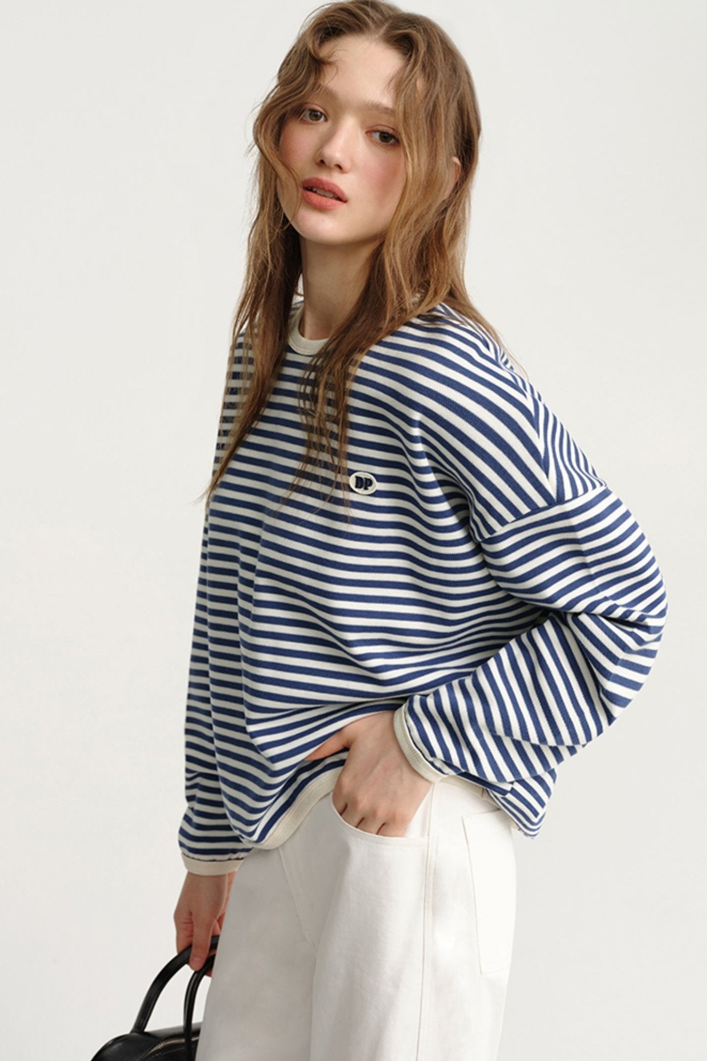 DESIGNER PLUS KOREAN BLUE STRIPED THIN HOODLESS SWEATSHIRT PRE-FALL BASIC COTTON LONG-SLEEVED T-SHIRT