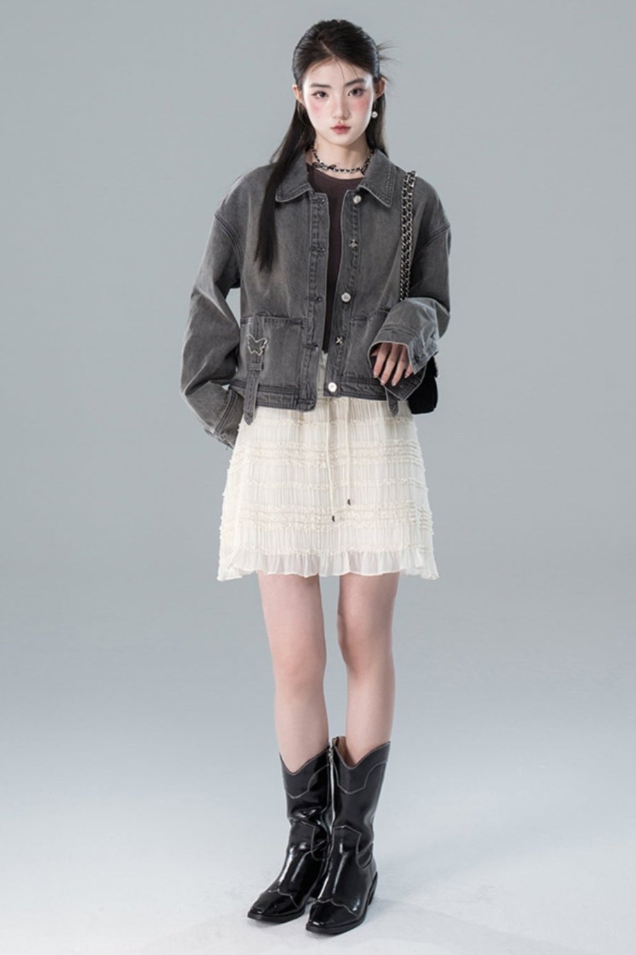 Light Gray Butterfly Denim Jacket Skirt Set-Up