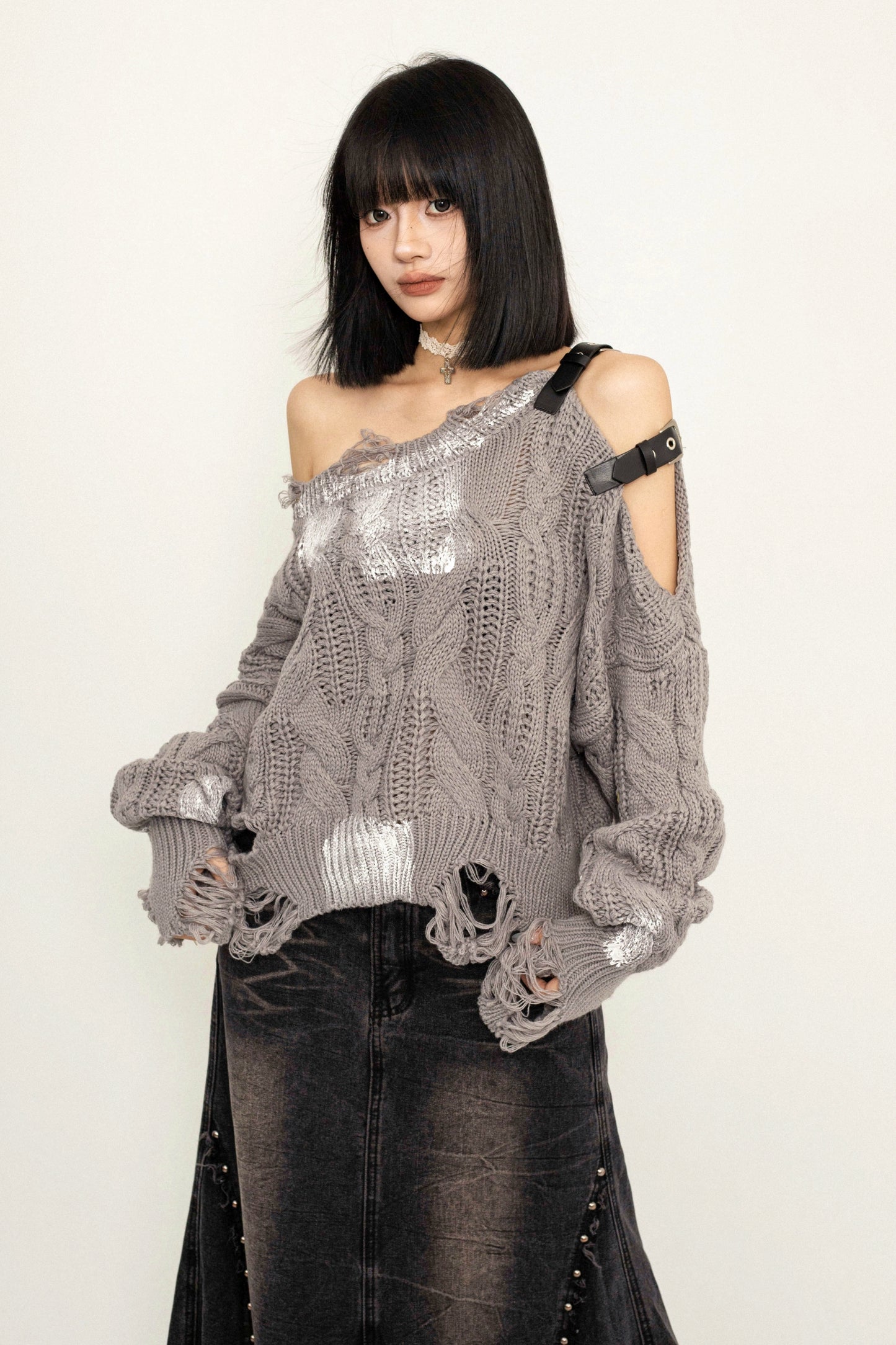 Distressed Knit Ripped Off-Shoulder Sweater