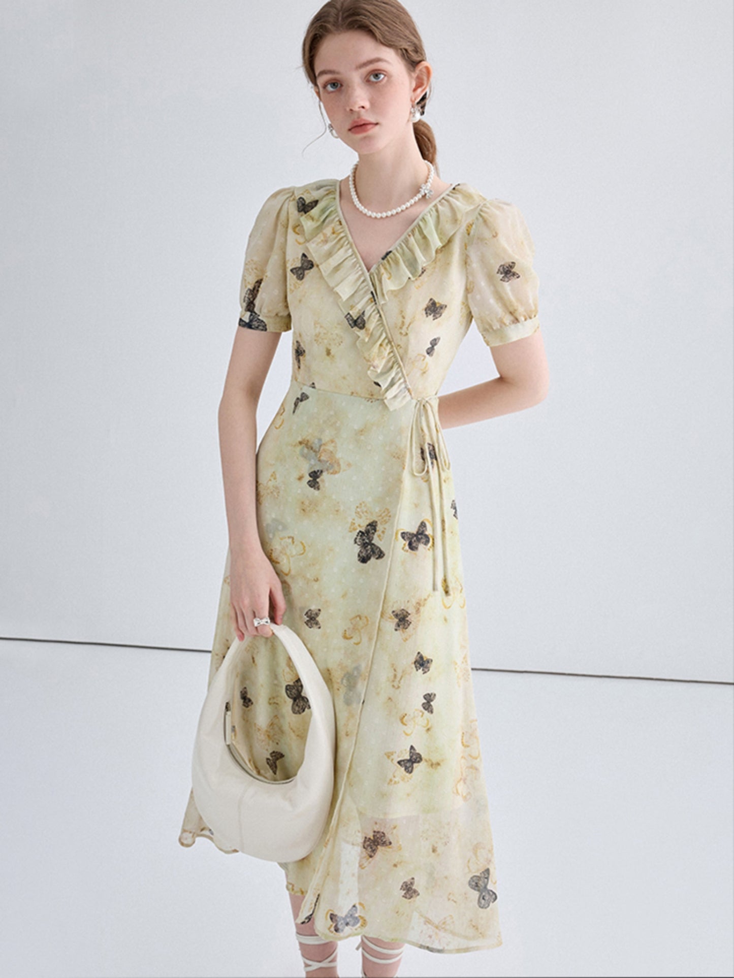 Butterfly Print Lace Collar Long Dress