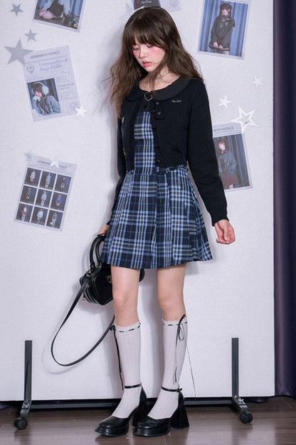 블루와 블랙 체크 가짜 투피스 드레스 