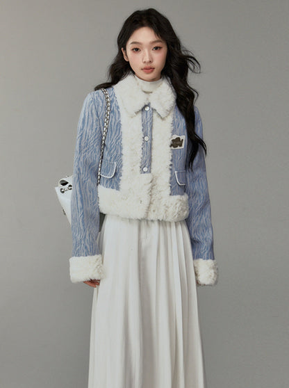 Denim rabbit fur stitching thickened jacket