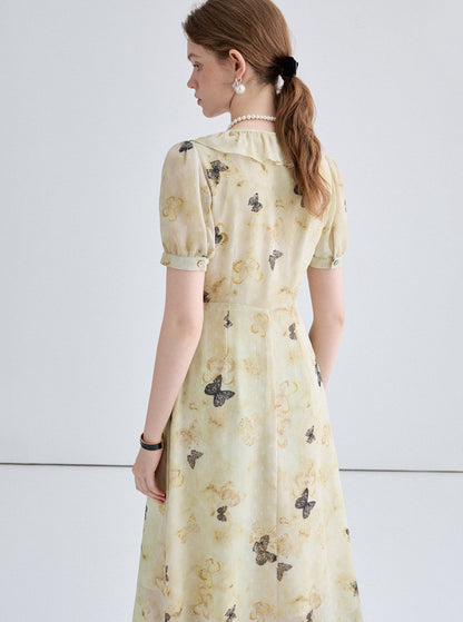 Butterfly Print Lace Collar Long Dress