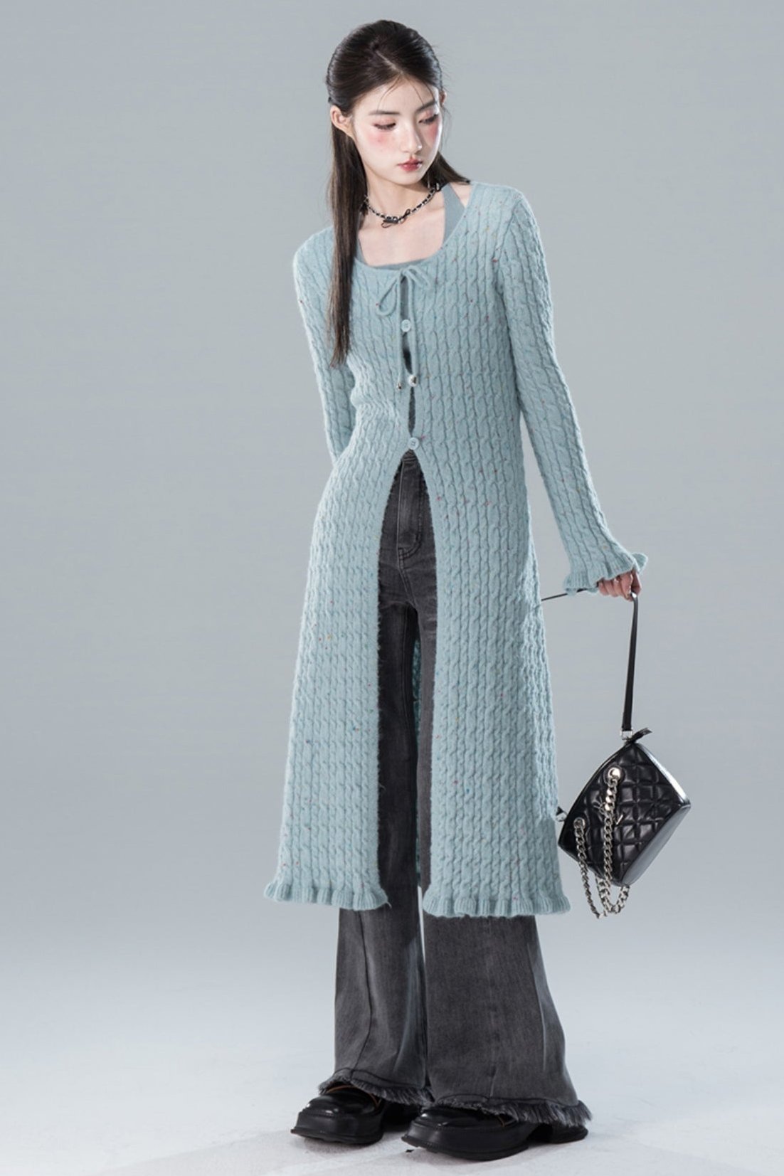 Layered Blue Cardigan With Vest Set