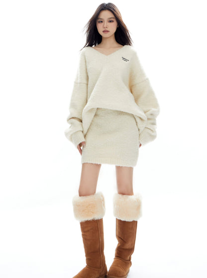 Thickened V-Neck Sweater And Slim Skirt Set