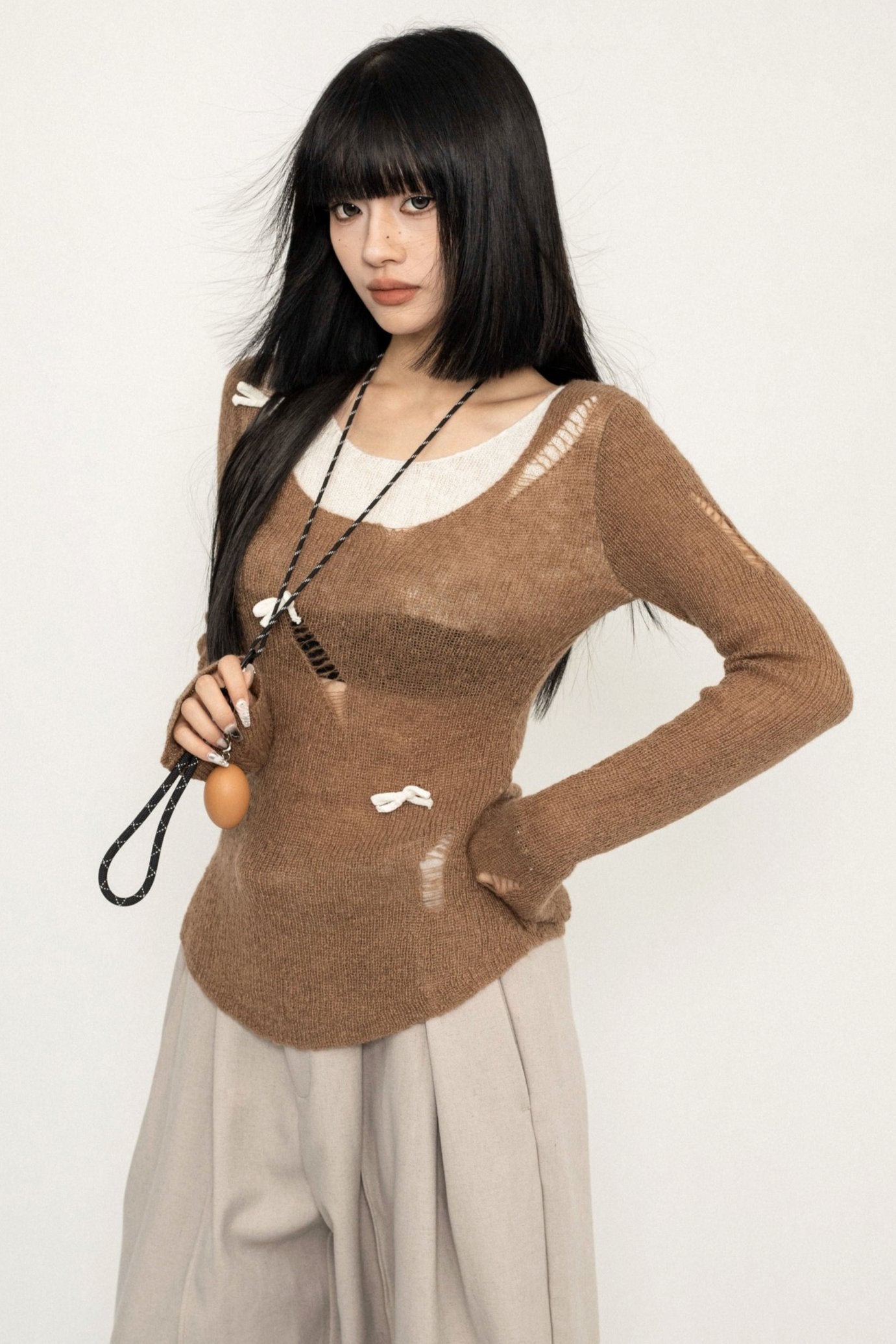 Long-sleeved Bow Design Slouchy Top