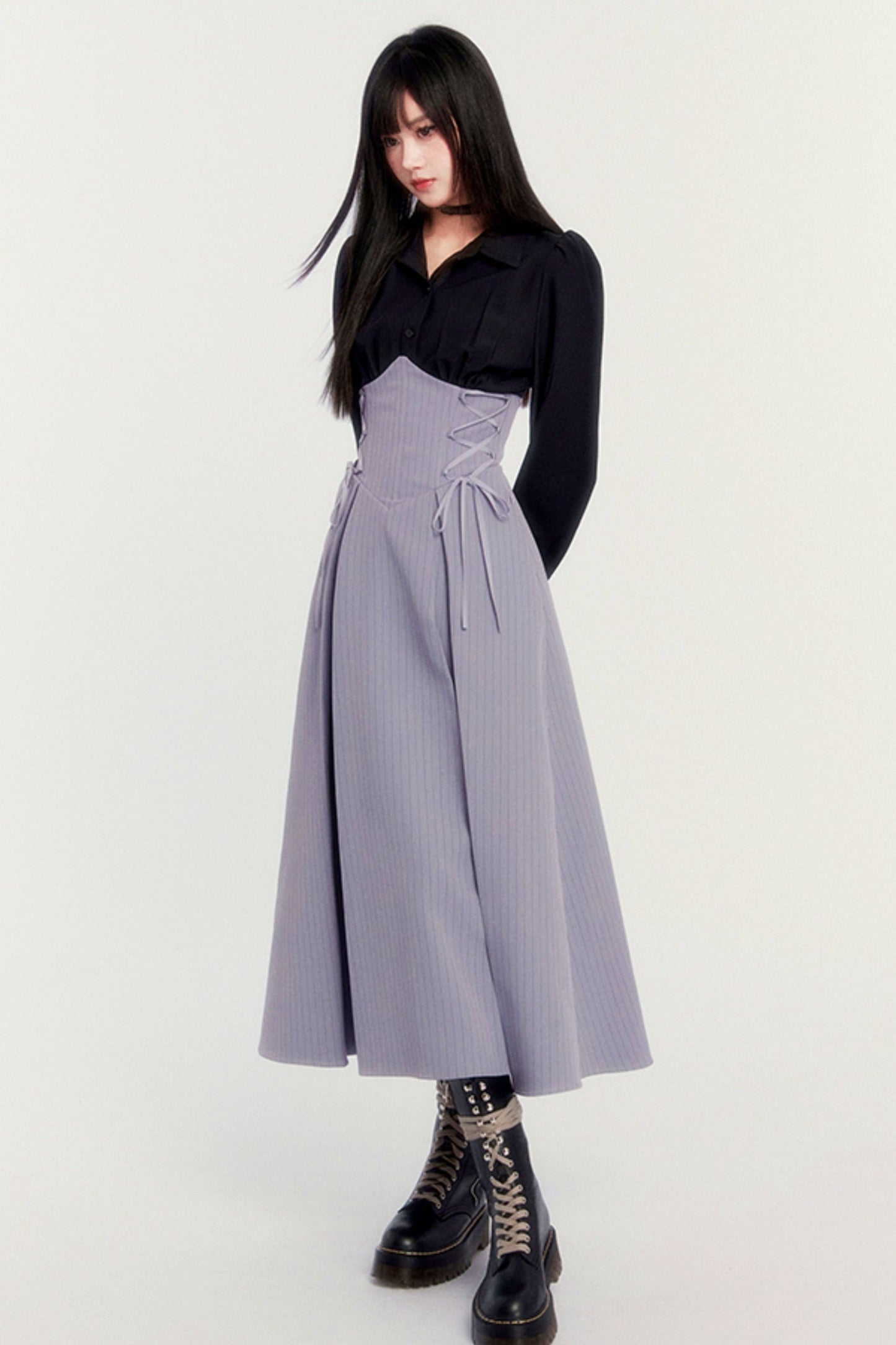 VOCK retro chest strap dress autumn and winter parrot pear co-branded waist pleated maxi skirt herringbone waist seal