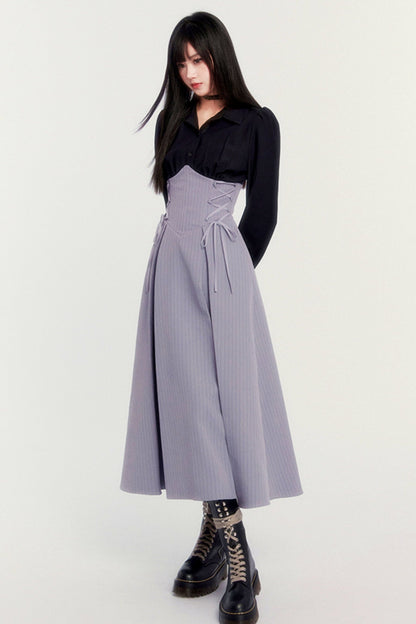 VOCK retro chest strap dress autumn and winter parrot pear co-branded waist pleated maxi skirt herringbone waist seal