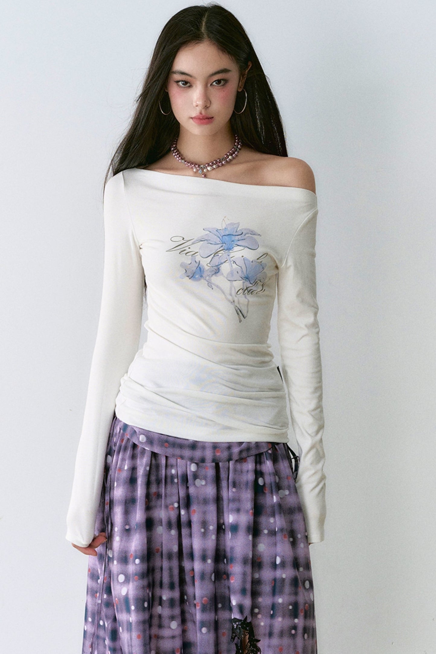 One-Shoulder Slanted Print Long-Sleeve Top