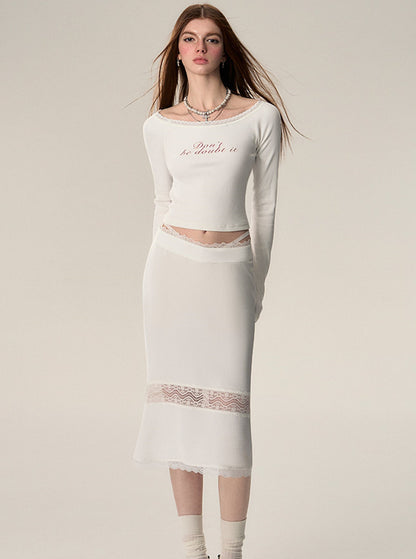 Waist Cutout Lace Stitched Skirt