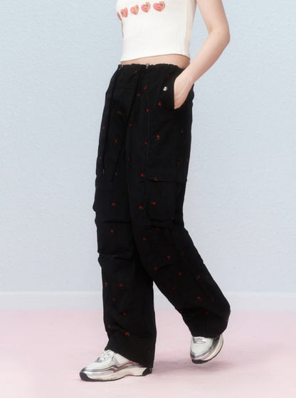 Cherry embroidered cargo pants