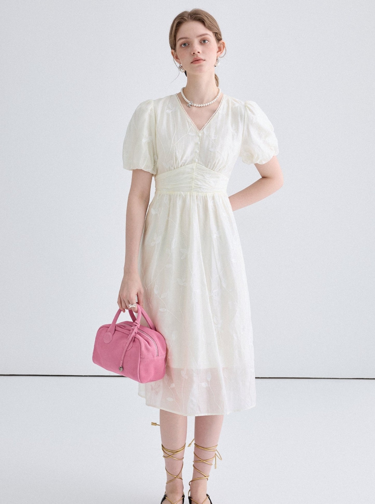 Embroidered Lace V-Neck Tea Break Dress