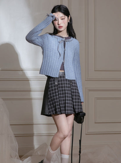 Ribbon Woolen Knitted Cardigan Two Piece Set