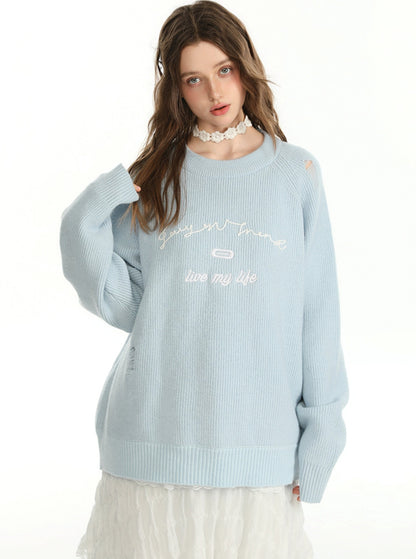 CyNi slouchy woolen embroidery basic crewneck sweater, langärmliges Pullover Oberteil, Strickwaren, lockeres Temperament und vielseitig