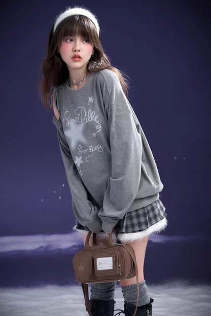 Gray Off-Shoulder Lace Sweatshirt