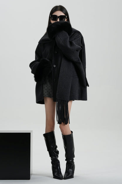 Fox Fur Sleeve Mid-Length Wool Coat