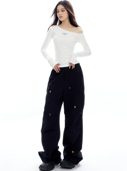 Floral Large Pocket Straight Leg Pants