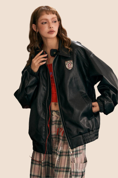 EZEK Maillard Badge Lederjacke Frauen Pre-Fall neue Retro lose amerikanische Mode Marke PU Biker Lederjacke