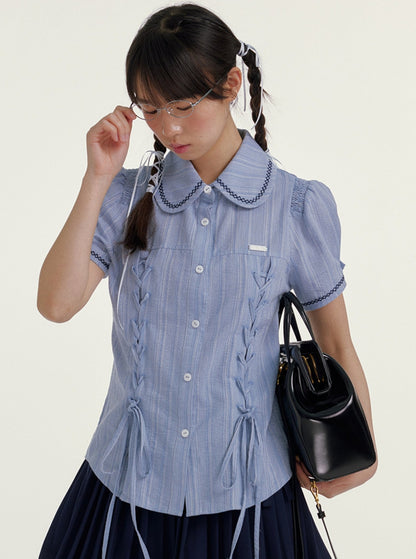 Blue Striped Cropped Casual Doll Collar Shirt