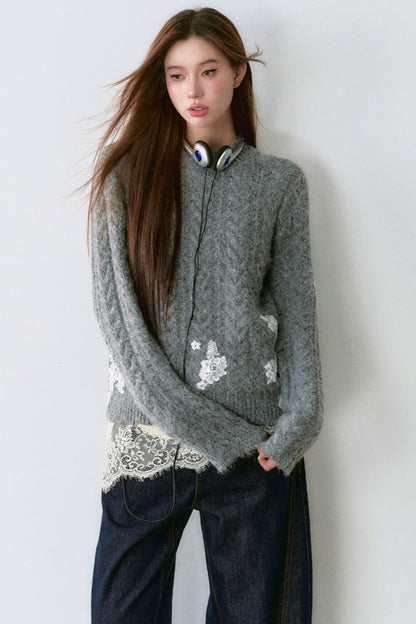 Lace Panel Padded Pullover Sweater