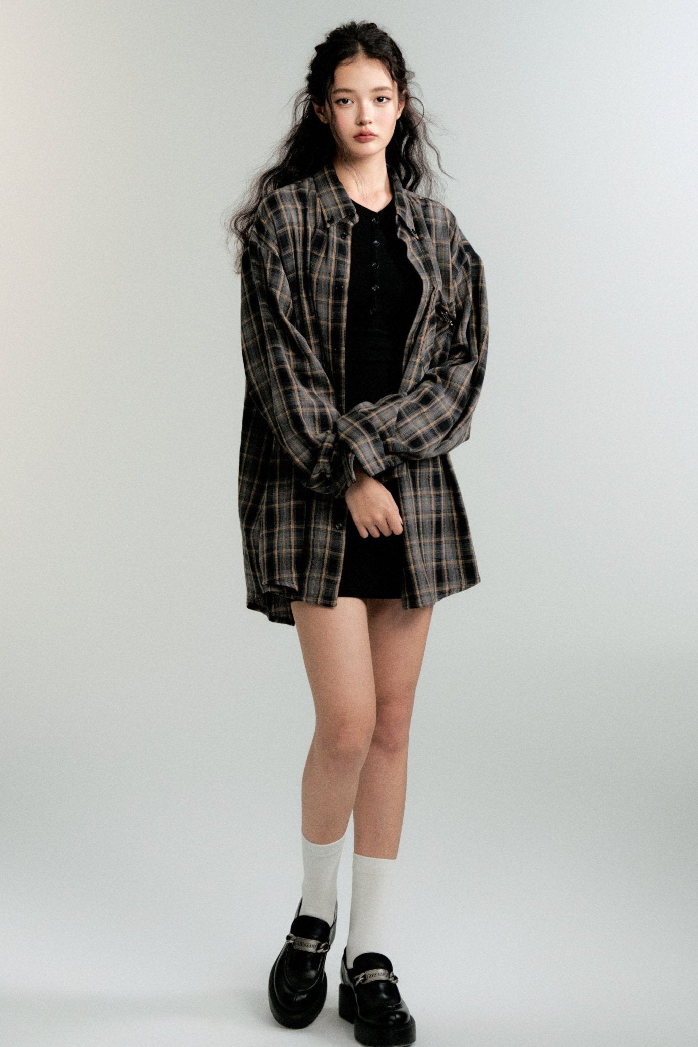 Color-Block Loose Check Long-Sleeed Shirt