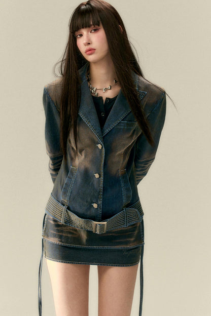 Wide Belt Cinched Denim Casual Jacket Set-Up