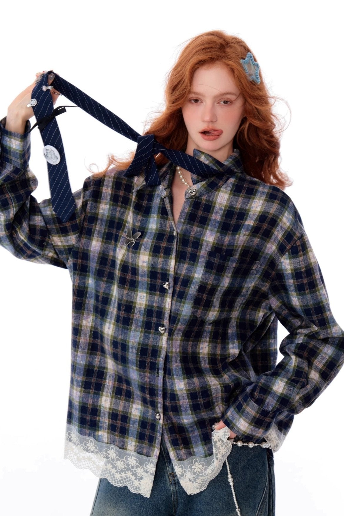 Blue Plaid Lace Stitch Loose Shirt