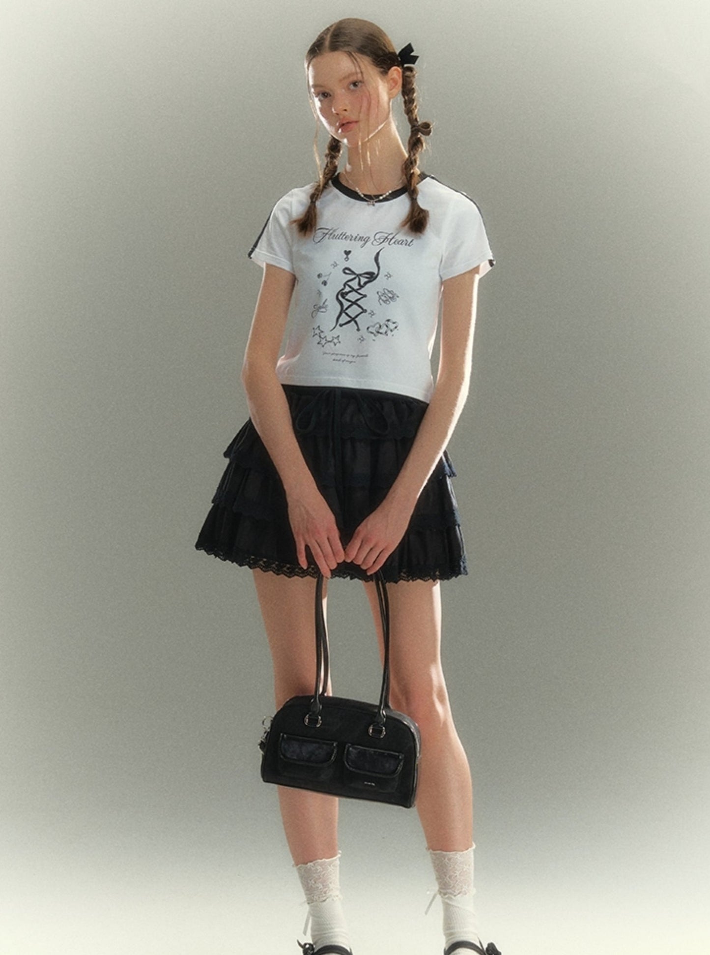 White Bow Letter Print Contrast T-Shirt