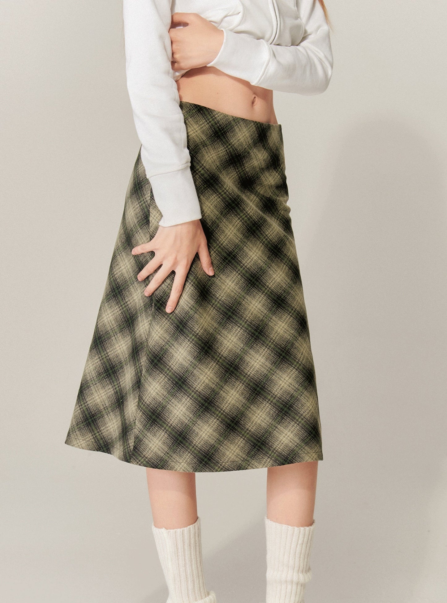 Checked A-Line Hip Midi Skirt