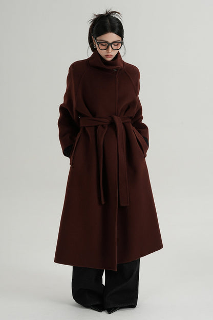 Red Long Stand-Up Collar Wool Coat