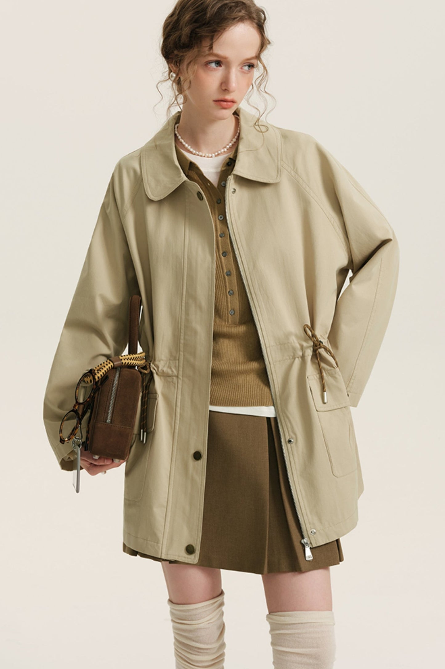 Khaki Midi Drawstring Trench Coat