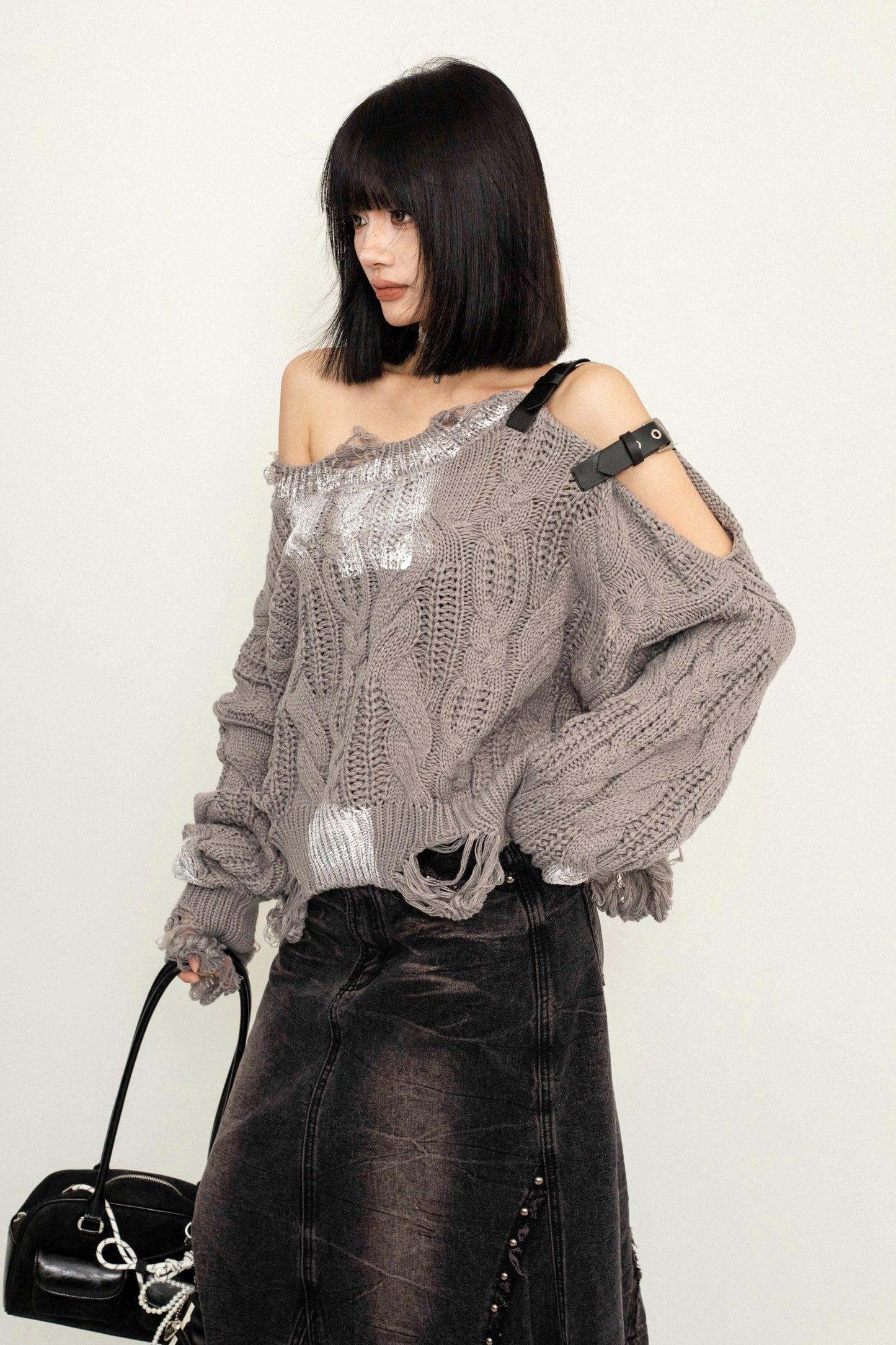 Distressed Knit Ripped Off-Shoulder Sweater