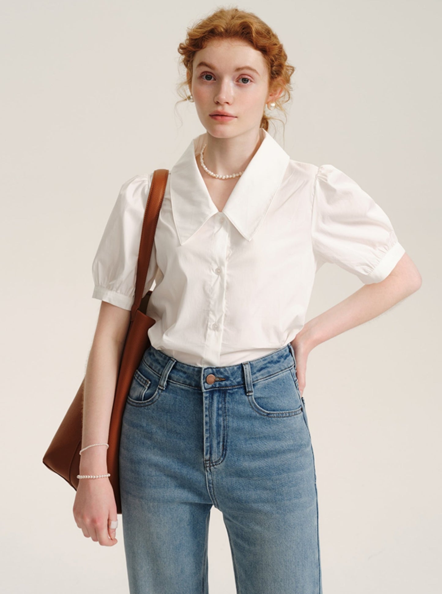 French Puff Sleeve White V-Neck Shirt