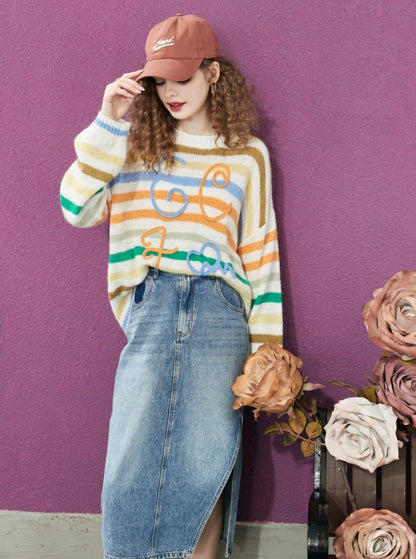 Loose Striped Mohair Knit Sweater Top