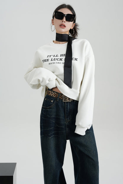 SRYSAME Alphabet Cropped Fleece Rundhalsausschnitt Sweatshirt Langarm Lose Pullover Top Neue Herbst Winter Damenmode