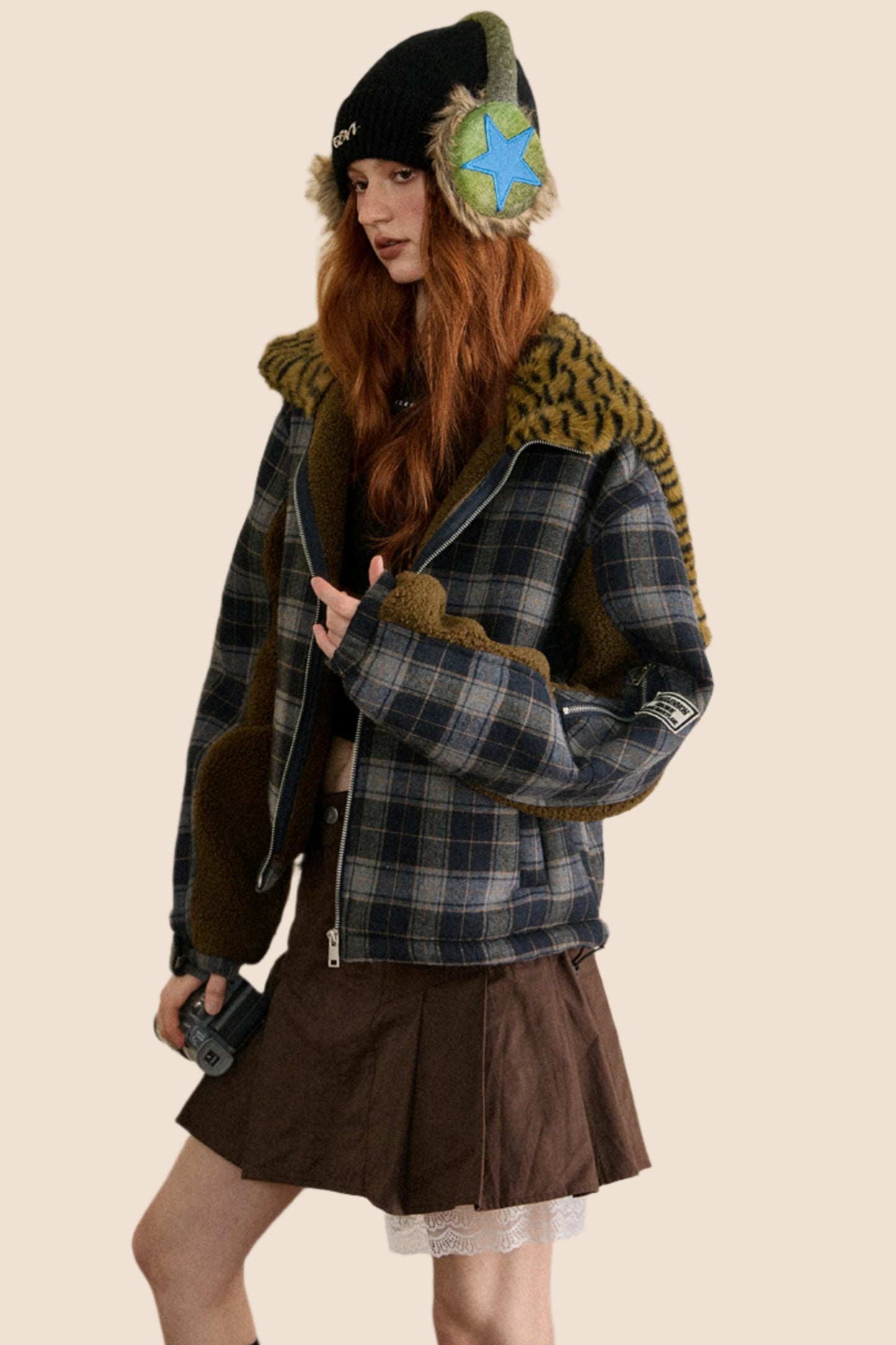 Retro Detachable Hooded Plaid Jacket