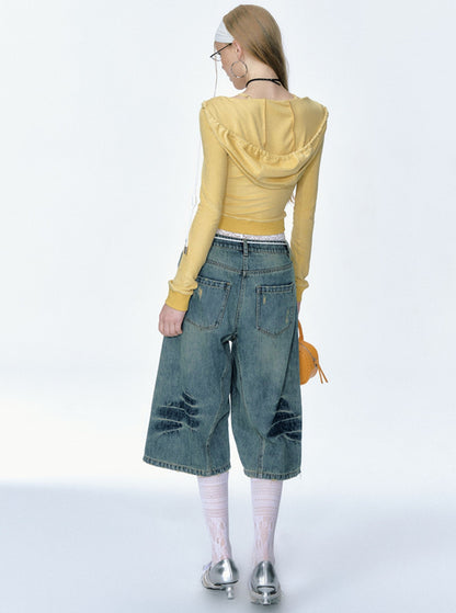 [Curriges Juli 9 New Arrival] retro distressed washed loose wide-leg babes denim cropped pants